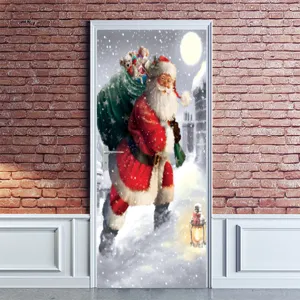 Pegatina de puerta de Navidad 3D papel pintado extraíble decoración navideña mural de puerta