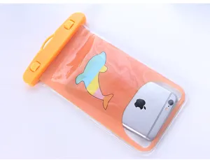 Transparent waterproof phone pouch with yellow clip and cute dolphin print for outdoor sports.
