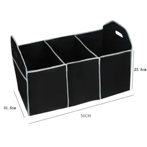 Foldable car trunk organizer with three compartments, durable black nonwoven fabric material.