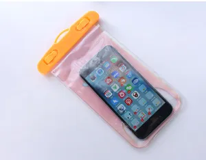 Clear PVC waterproof phone pouch with secure yellow lock for outdoor beach travel and swimming.