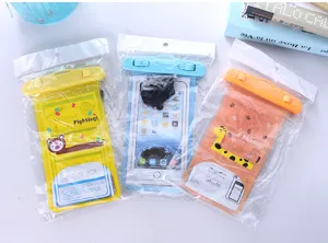 Detail view of waterproof phone pouches in yellow, blue and orange with cute cartoon animal prints.