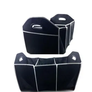 Foldable car trunk organizer, durable non-woven storage box with multiple compartments.