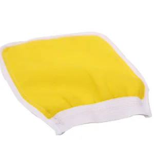 Guante de baño exfoliante amarillo con borde blanco manopla de doble cara para cuerpo