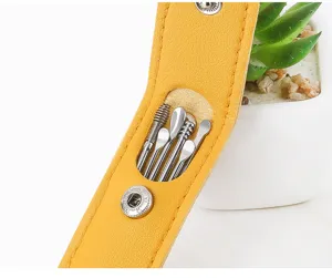 Portable stainless steel ear pick set with yellow leather case for daily ear cleaning use