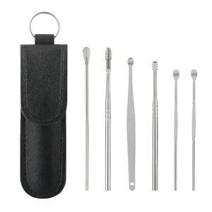Stainless steel ear pick set with portable black leather pouch, professional ear cleaning tools.