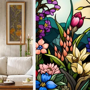 Detailed closeup view of colorful vintage floral stained glass window film, static cling.