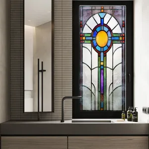 Detailed view of colorful stained glass window film, decorative privacy glass sticker for home.