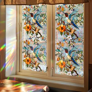 Stained glass window film with hummingbird flower pattern, static cling decorative privacy film.