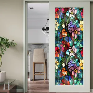 Film pour fenetre vitrail style Tiffany motif floral autocollant verre deco interieure