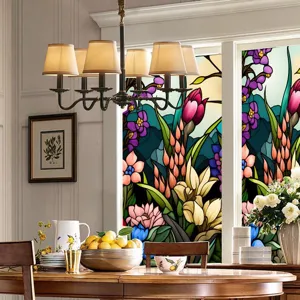 Detailed view of colorful vintage floral static cling window film for home glass decoration.