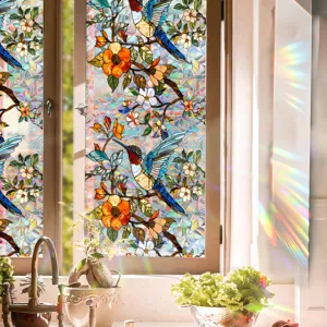 Stained glass window film with colorful hummingbird and floral design for home decor detail view.