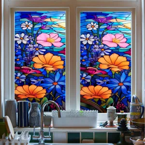 Film pour vitre en verre teinté floral coloré, autocollant décoratif statique pour la maison.