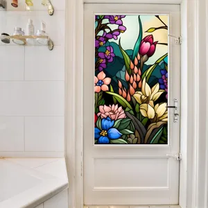 Colorful retro floral stained glass window film detail showcasing vibrant botanical art style.