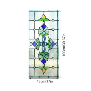 Stained glass window sticker detail, frosted decorative film with colorful floral pattern.