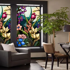 Colorful vintage floral stained glass window film, static cling removable window sticker.