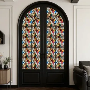 PVC raamfolie met vintage ruitpatroon statische hechtende decoratieve glassticker detailweergave.