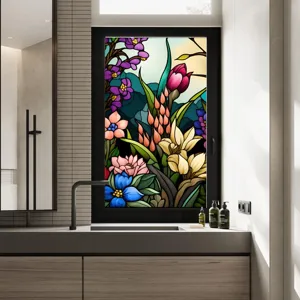 Colorful vintage floral stained glass window film detail, static cling decorative sticker