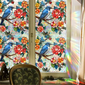 Stained glass window film with bird floral pattern, static cling anti-collision privacy sticker.