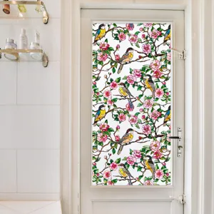 Film pour fenêtre en vitrail avec motif floral et d'oiseau, autocollant en verre statique.