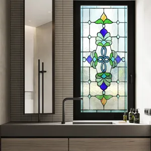 Decorative stained glass window film for privacy and home aesthetic upgrade in bathroom.