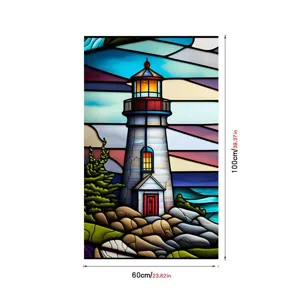 Detailed view of stained glass lighthouse window film with dimensions, static cling design.