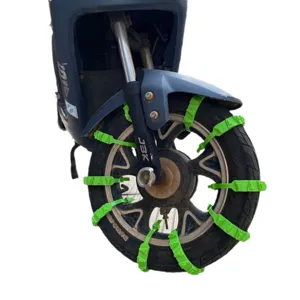 Winter motorcycle tire anti-skid chain bright green nylon snow cable ties for secure riding.