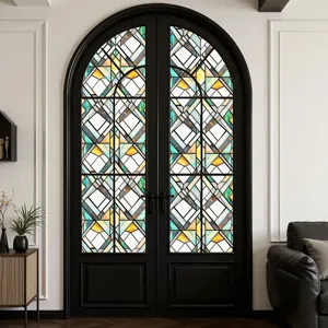 Stained glass window film with geometric 3D embossed pattern for modern home glass door decor.