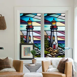 Stained glass lighthouse window film, static cling PVC decorative privacy glass sticker.