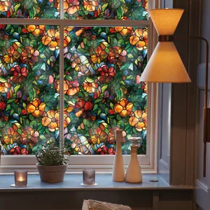 Film pour fenêtre en vitrail floral style Tiffany autocollant décoratif de maison