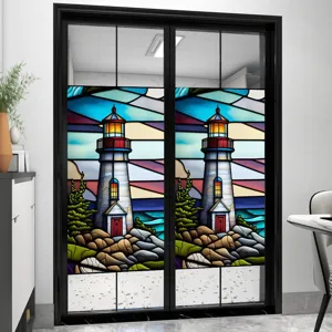 Stained glass window film with lighthouse design, static cling PVC privacy film for glass doors.