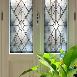 Detail view of frosted glass window film with geometric diamond pattern for home decoration.