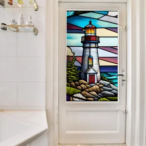 Stained glass lighthouse window film static cling PVC home decor door sticker detail view