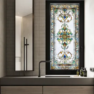 Viktorianische Buntglas-Fensterfolie, dekorative statische Glasaufkleber für Badezimmer.