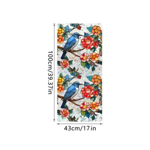 Stained glass window film with blue bird and flower pattern, static cling PVC privacy sticker.