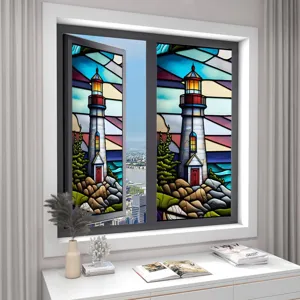 Colorful vintage lighthouse window film, static cling PVC glass sticker for home decor.