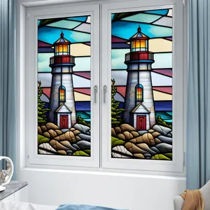 Stained glass window film lighthouse design static cling decorative PVC sticker detail.