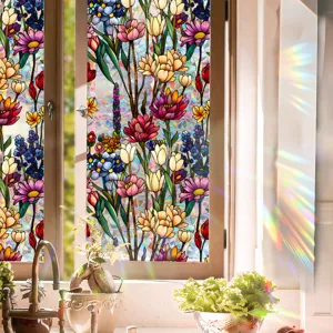 Color stained glass window film static cling floral privacy sticker for home decor details.