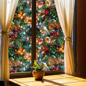 Film pour vitre en verre teintes style Tiffany sticker decoratif floral pour fenetre.