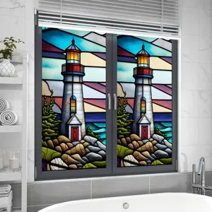 Stained glass window film with lighthouse design, perfect for privacy and home decor.