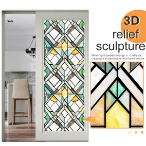 3D stained glass window film static decorative cling geometric relief home privacy sticker