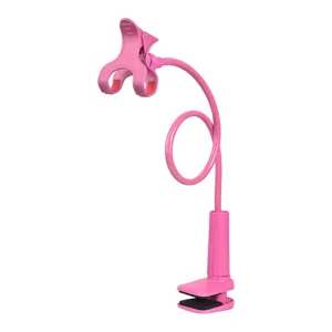 Supporto per cellulare rosa con collo di cigno flessibile e clip da scrivania resistente.