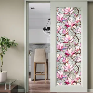 Film pour vitre motif magnolia rose, adhésif électrostatique pour décoration de fenêtres.