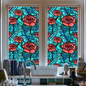 Film pour vitrage en vitrail avec motif de rose, adhésif statique, autocollant décoratif.