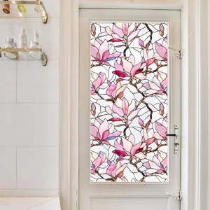 Film pour vitre de fenêtre statique décoratif avec motif de fleurs de magnolia rose style vitrail.