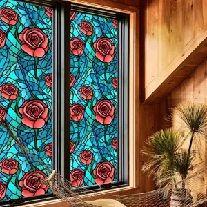 Film pour fenêtres vitrail avec des roses rouges, autocollant décoratif statique pour verre.