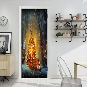 3D Weihnachtstür Aufkleber Goldener Baum Wald Wandtapete Abnehmbare Dekoration