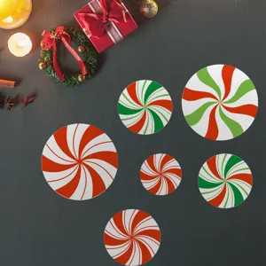 Close-up of Nordic Christmas peppermint candy round stickers for festive wall and floor decor.