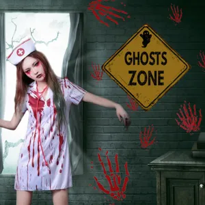 Halloween horror muursticker Ghosts Zone waarschuwingsbord en bloedige handafdrukken