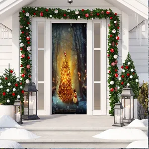 Weihnachten goldener Baum Türsticker 3D abnehmbare Tapete für Schlafzimmer Wohnzimmer