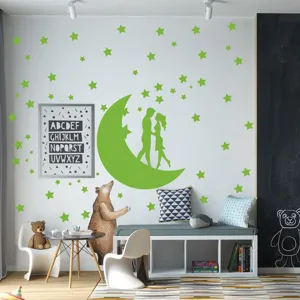 Stickers muraux lune couple lumineux etoiles brillent dans le noir decor de chambre enfant